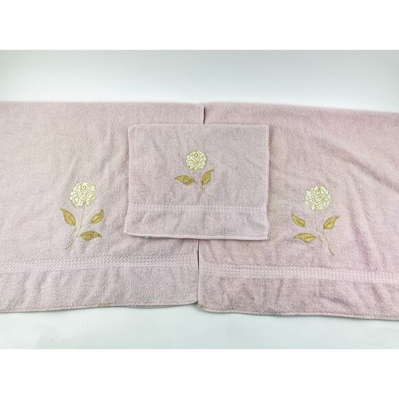 Cannon Bath Body Hand Towel Set Vintage Pink Floral Appliqué Gold Rose USA Flowe - Picture 16 of 16